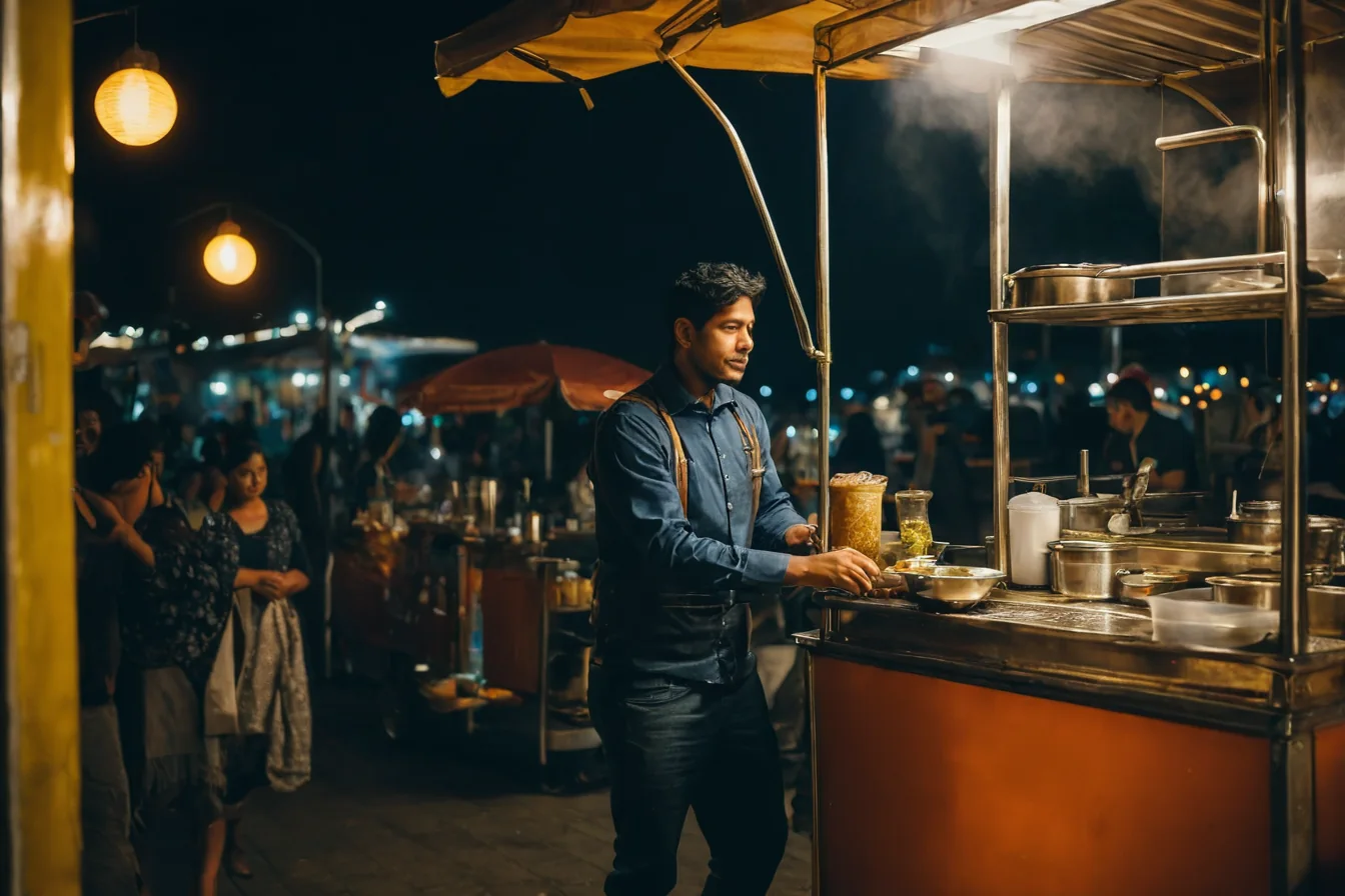 Night market vendor preparing food at a metal cart with steam rising under warm lanterns.