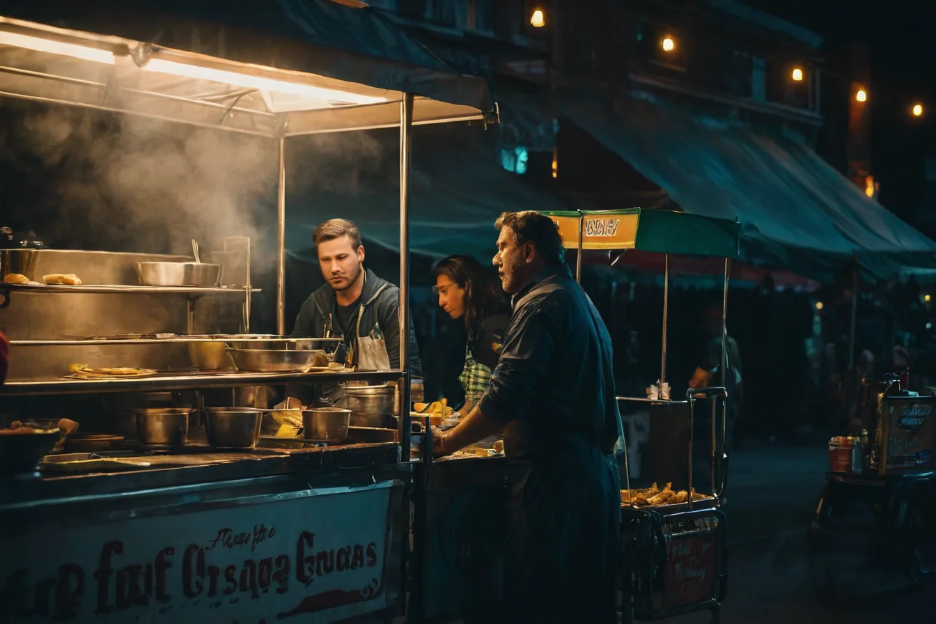 Night street food cart with vendors and steam under warm lights