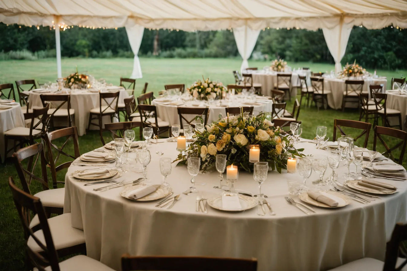 Round tables set for wedding dinner under a tent with candles and floral arrangements on grass.