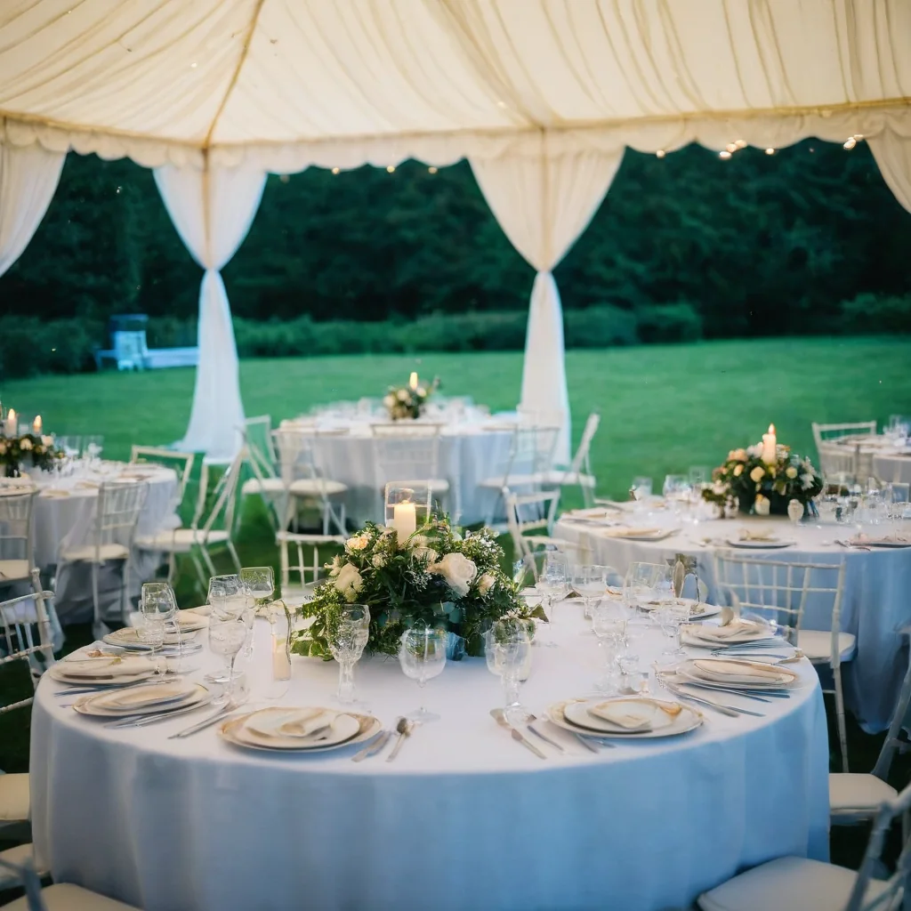 Round tables with white linens and floral centerpieces under a tent at an outdoor evening wedding reception.