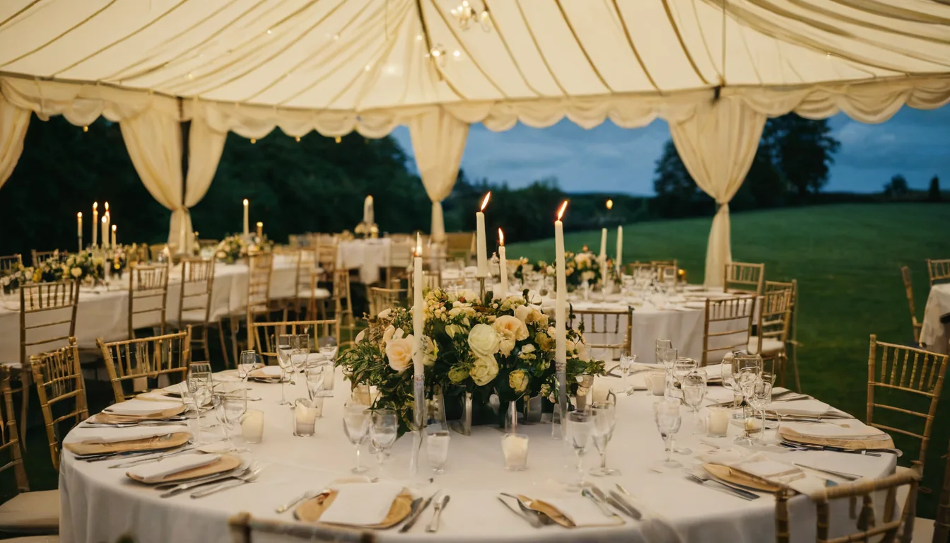 Round tables with white linens and gold chairs under a draped canopy at twilight