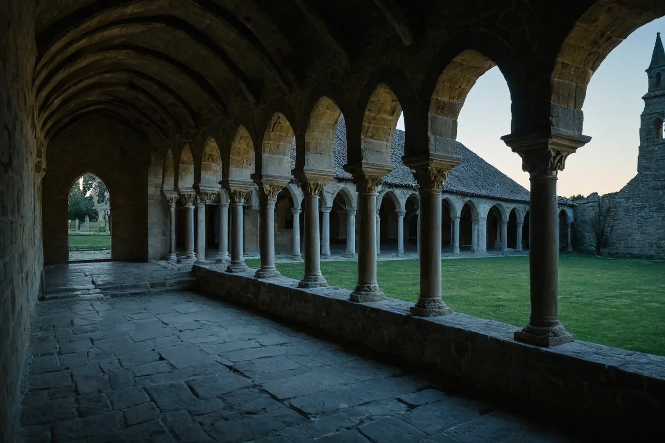 Stone cloister arches frame a grassy courtyard at dusk with a church tower in background
