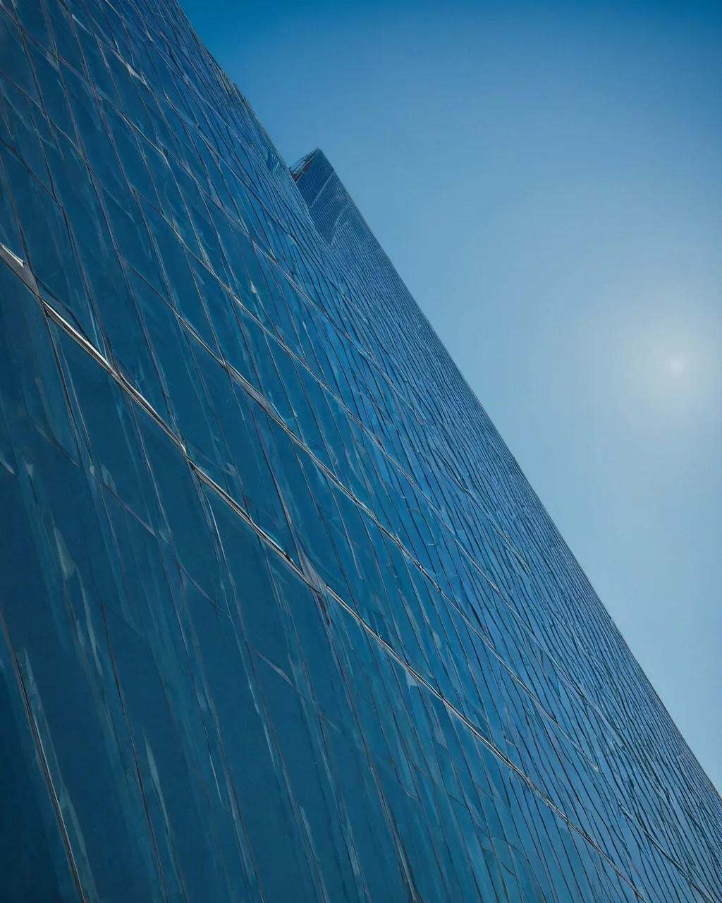 Tall glass building reflecting blue sky and sun from a low angle