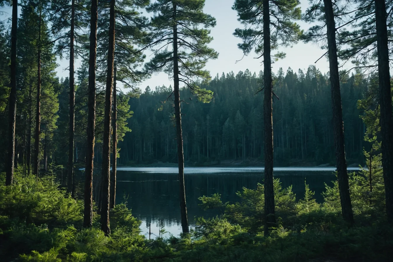 Tall pine trees surround a calm lake reflecting the sky in a serene forest at dawn.