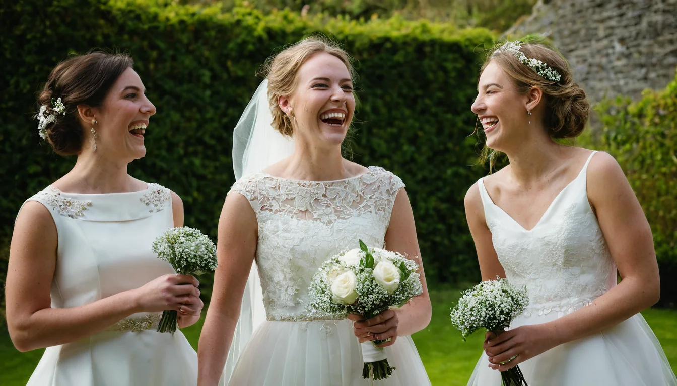 Three brides laughing together outdoors holding white flower bouquets