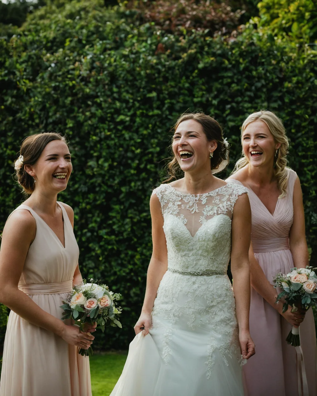 Three bridesmaids in elegant dresses laughing while holding flower bouquets outdoors.