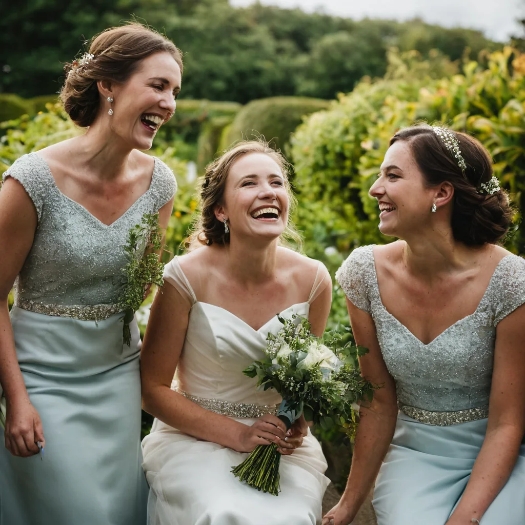 Three bridesmaids laughing together in a garden wearing silver and white dresses
