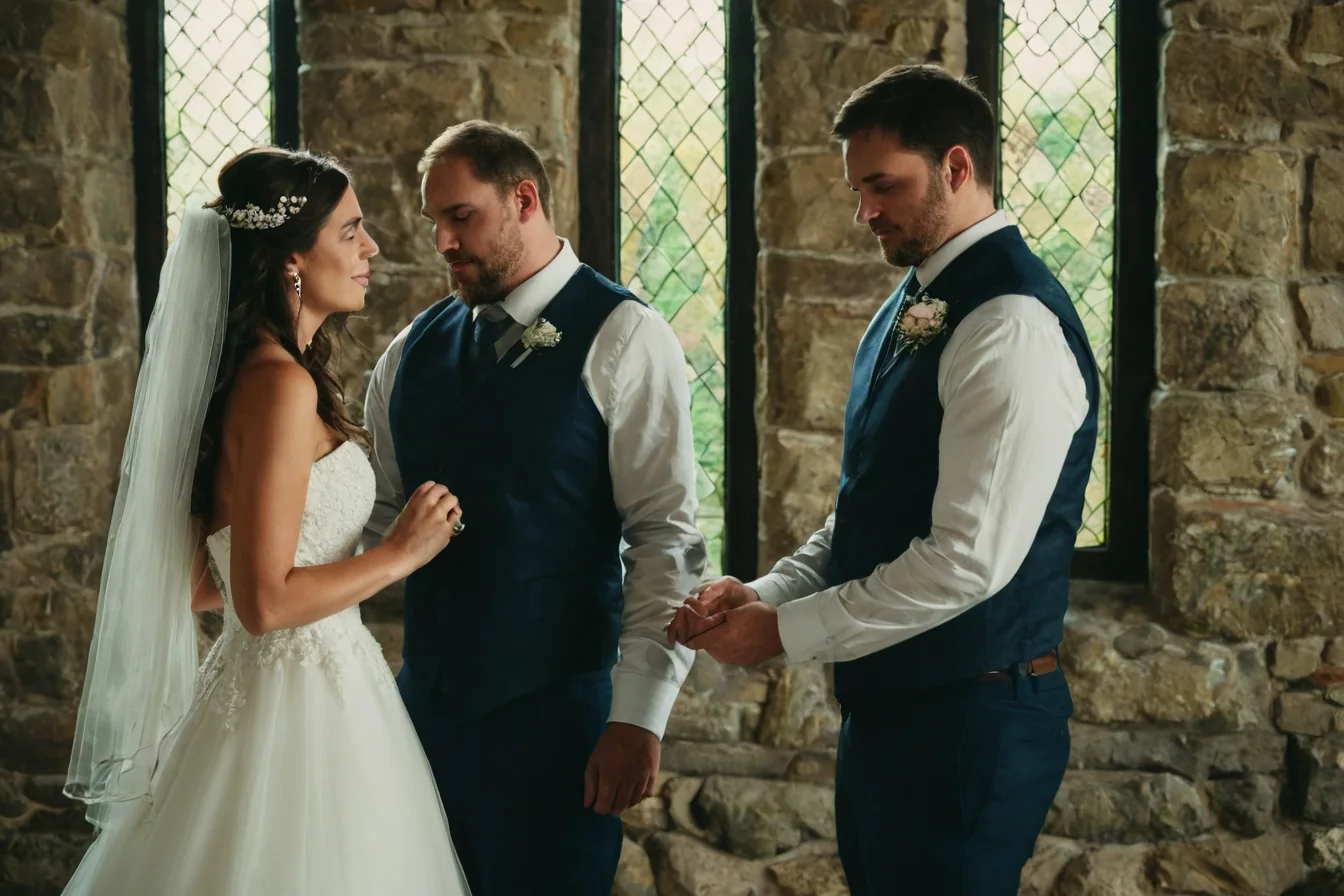 Three people in wedding attire holding hands inside a stone chapel with diamond-paned windows.