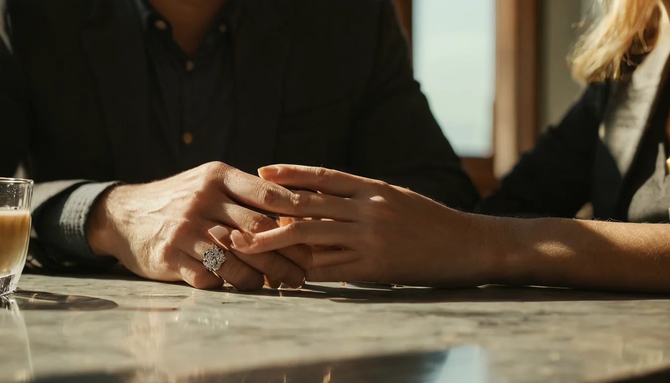 Two hands clasped together on a marble table with sunlight and a coffee cup nearby.