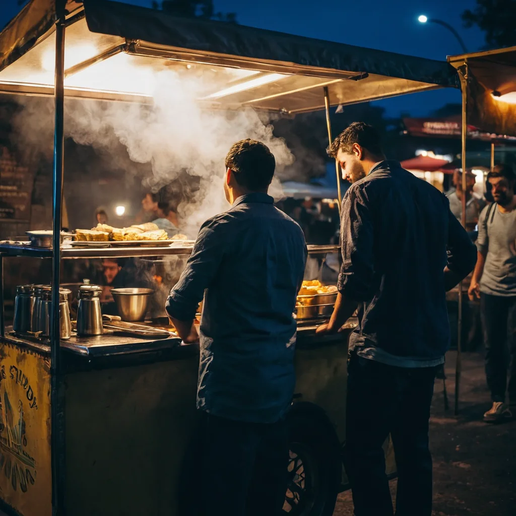 Two men cooking food at a street food cart with steam rising at night
