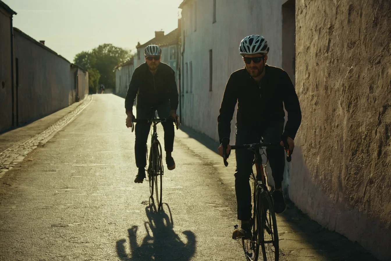 Two men cycling on a narrow street with long shadows from the sun.