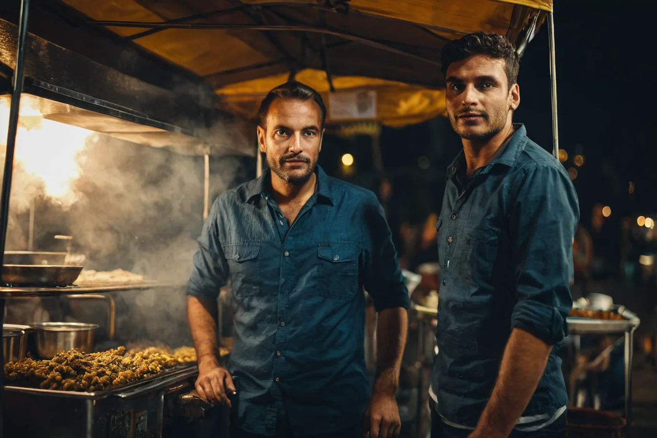 Two men in blue shirts stand behind a street food cart with steaming fried snacks at night.