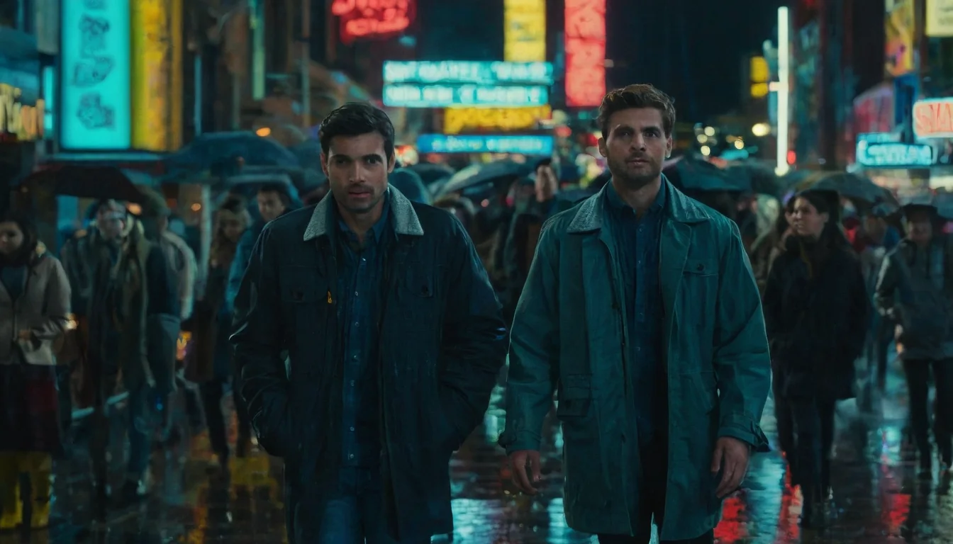 Two men in raincoats walk through a neon-lit city street at night with wet pavement reflecting colorful lights.