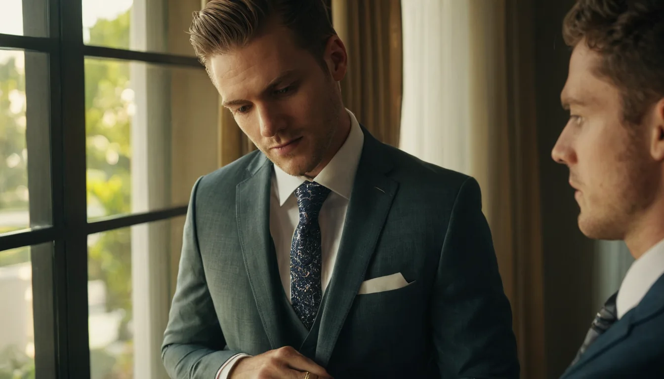 Two men in suits adjusting attire near a window with natural light