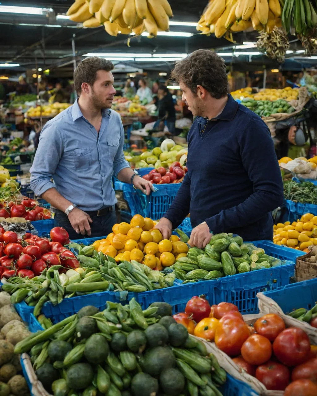 Two men talking at a colorful vegetable stand in a busy market.
