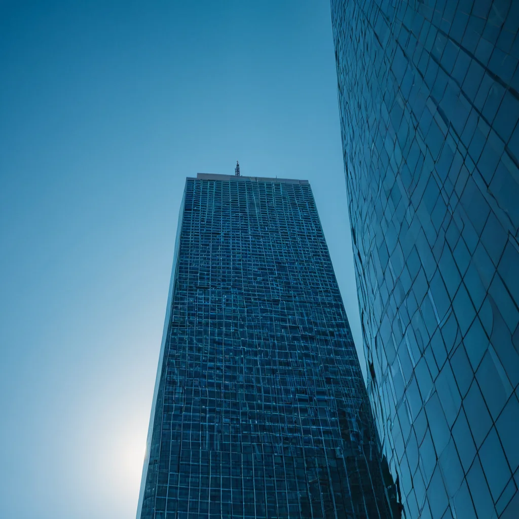 Two modern glass skyscrapers rise against a clear blue sky with sun glow behind one