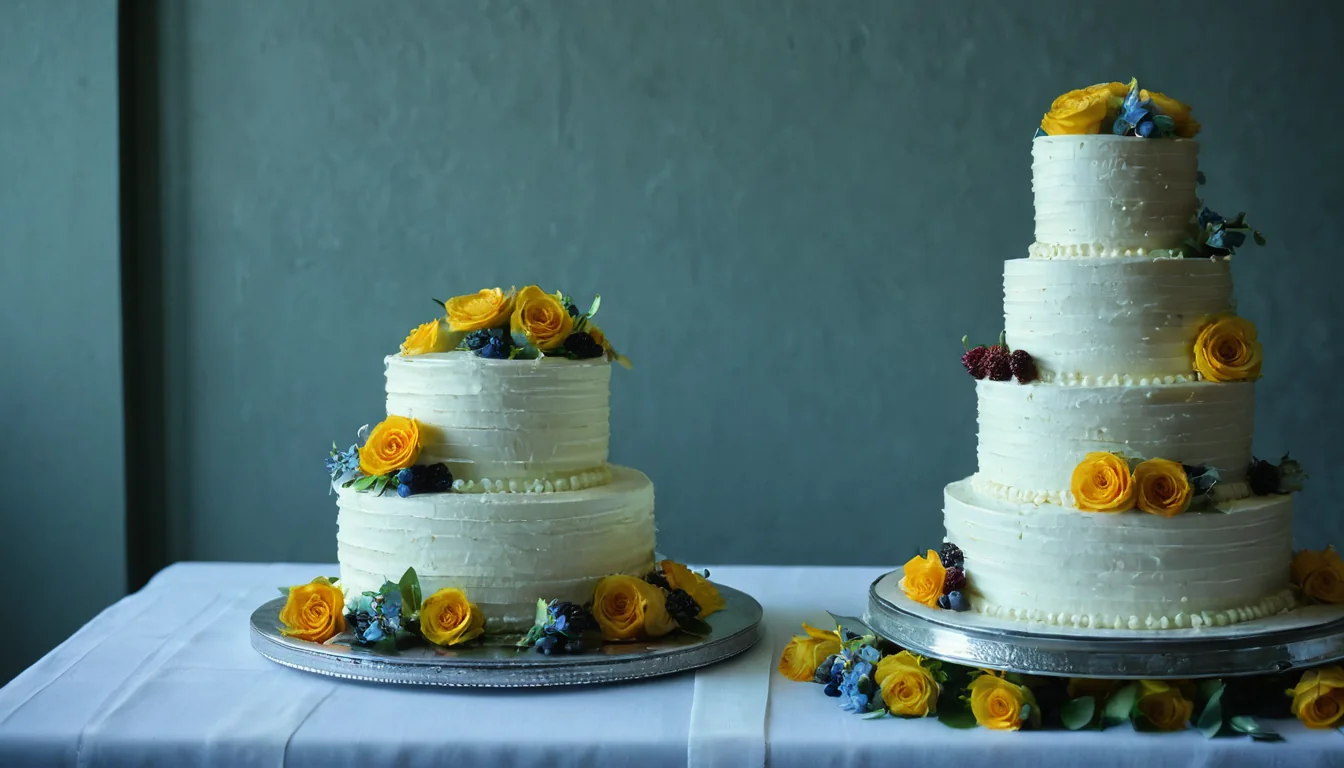 Two white tiered wedding cakes decorated with yellow roses and berries on silver stands.