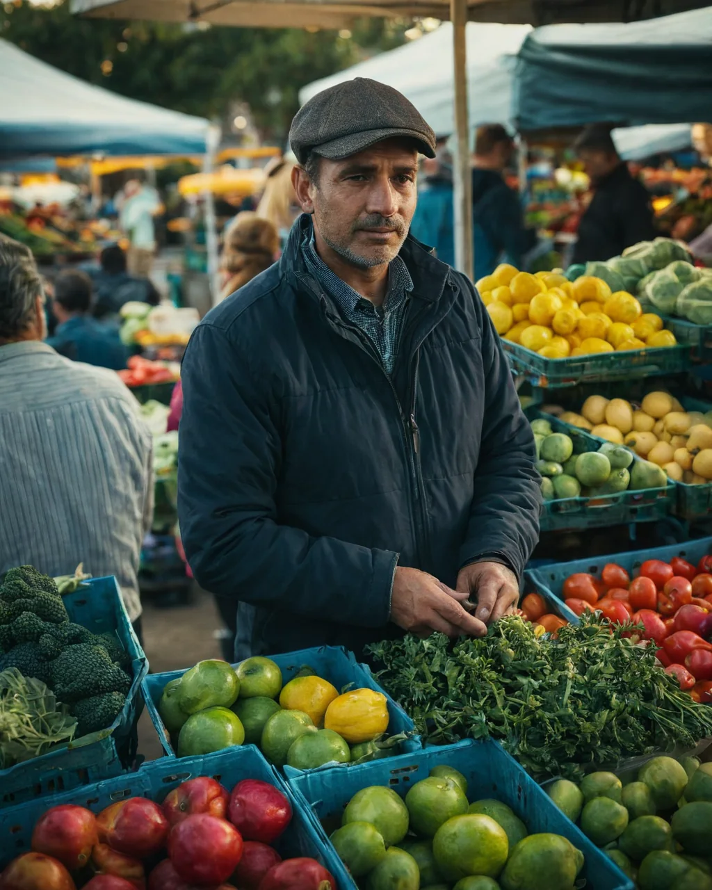 Vendor at outdoor market stall surrounded by colorful fresh produce in blue crates