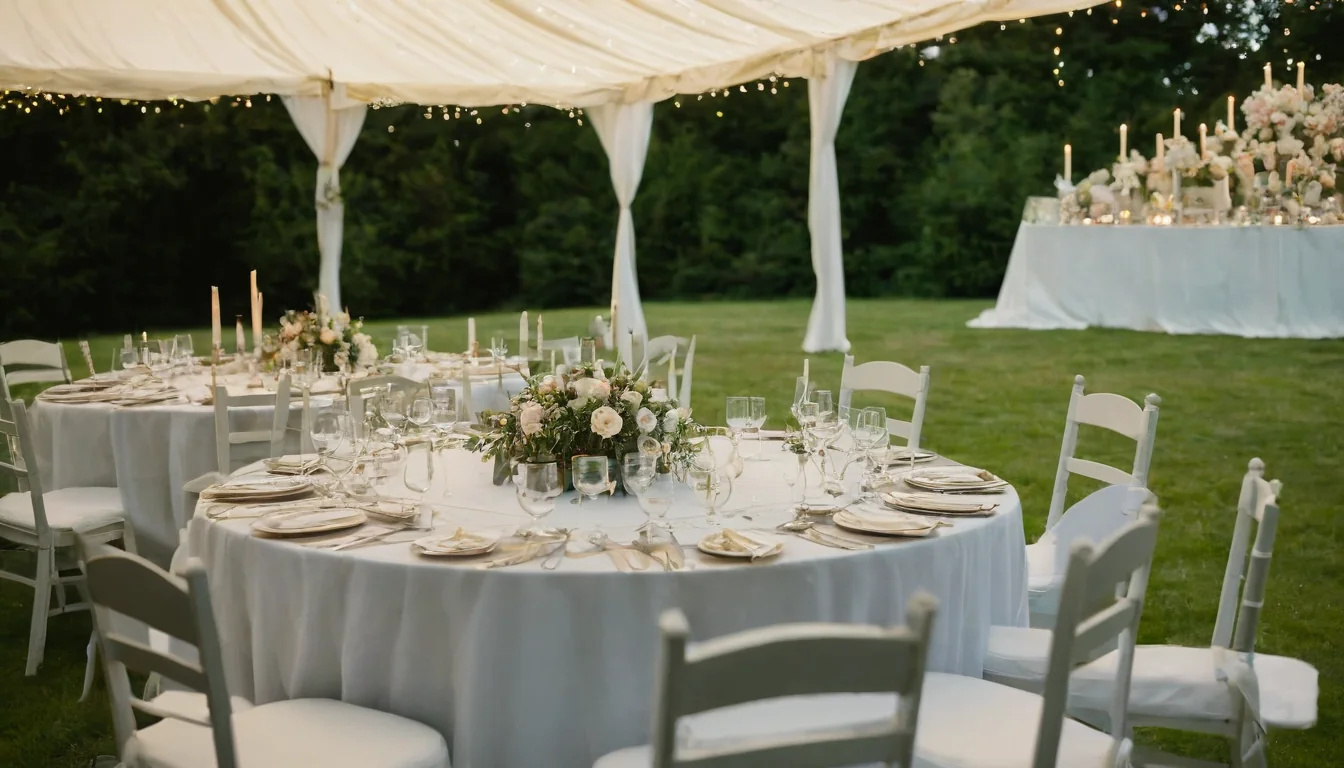 White draped tables with floral centerpieces and candles under a canopy on a grassy lawn