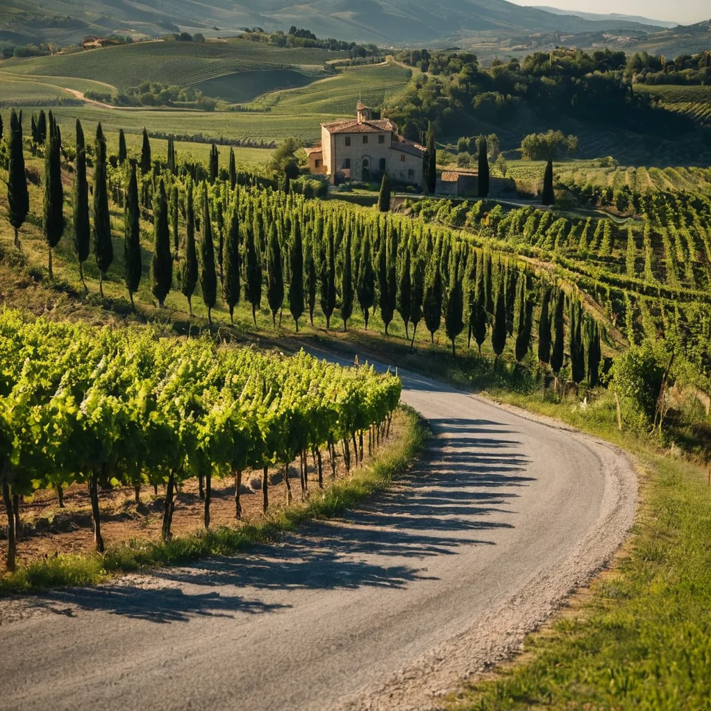 Winding gravel road through vineyards with cypress trees and stone villa in hills