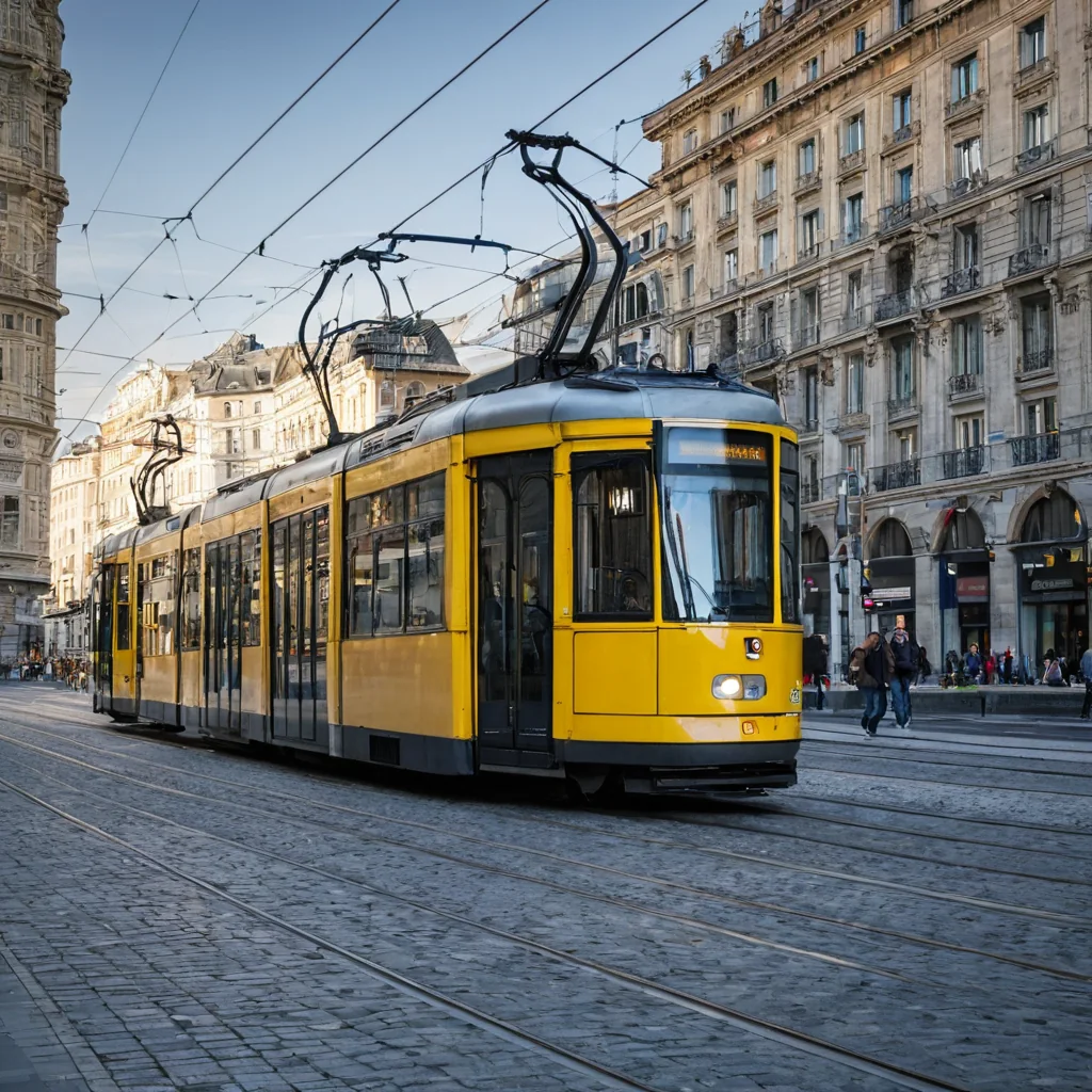 Yellow tram on cobblestone street with historic buildings and pedestrians