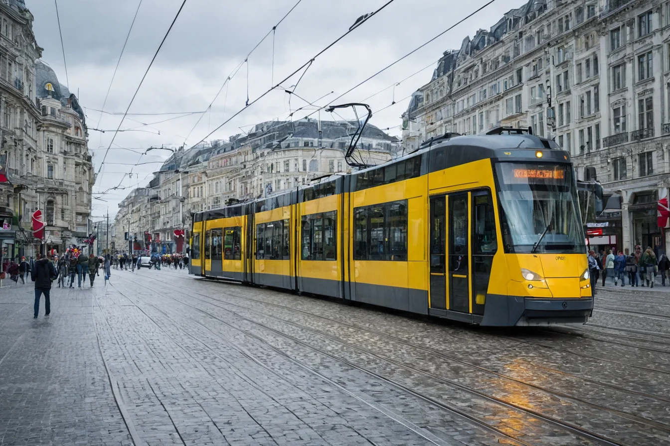 Yellow tram on cobblestone street with historic buildings and pedestrians
