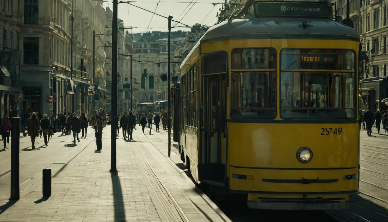 Yellow tram on tracks with people walking on sidewalk in city street